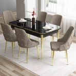 Canisa Concept Tia Serisi, Siyah Mermer Desen 80X132 Açılabilir Mdf Yemek Odası Takımı 6 Sandalye Gold Detay - Cappuccino