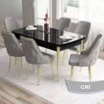 Canisa Concept Tia Serisi, Siyah Mermer Desen 80X132 Açılabilir Mdf Yemek Odası Takımı 6 Sandalye Gold Detay - Gri