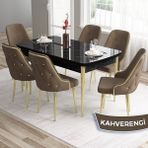 Canisa Concept Tia Serisi, Siyah Mermer Desen 80X132 Açılabilir Mdf Yemek Odası Takımı 6 Sandalye Gold Detay - Kahverengi