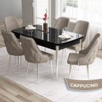 Canisa Concept Tia Serisi, Siyah Mermer Desen 80X132 Açılabilir Mdf Yemek Odası Takımı 6 Sandalye Gümüş Detay - Cappuccino