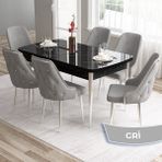Canisa Concept Tia Serisi, Siyah Mermer Desen 80X132 Açılabilir Mdf Yemek Odası Takımı 6 Sandalye Gümüş Detay - Gri