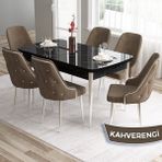 Canisa Concept Tia Serisi, Siyah Mermer Desen 80X132 Açılabilir Mdf Yemek Odası Takımı 6 Sandalye Gümüş Detay - Kahve