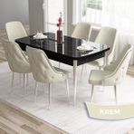Canisa Concept Tia Serisi, Siyah Mermer Desen 80X132 Açılabilir Mdf Yemek Odası Takımı 6 Sandalye Gümüş Detay - Krem