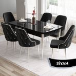 Canisa Concept Tia Serisi, Siyah Mermer Desen 80X132 Açılabilir Mdf Yemek Odası Takımı 6 Sandalye Gümüş Detay