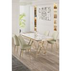 Canisa Concept Vals Serisi 80X130 Lak Panel Beyaz Mermer Desen Masa Takımı Gold Ayaklı 4 Krem Sandalye