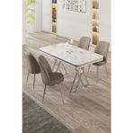 Canisa Concept Vals Serisi 80X130 Lak Panel Beyaz Mermer Desen Masa Takımı Krom Ayaklı 4 Cappucino Sandalye