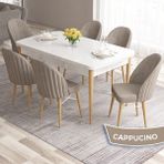 Canisa Concept Ves Serisi 80X132 Mdf Beyaz Mutfak Masa Takımı Doğal Ahşap Ayak Beyaz Kafes 6 Sandalye - Cappucino