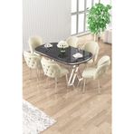 Canisa Concept Zae Serisi 90X168 Lak Panel Siyah Mermer Desen Masa Takımı Krom Ayaklı 6 Krem Sandalye