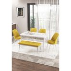 Canisa Concept Zen Serisi 80x132 cm Benchli Beyaz Mermer Desen Açılabilir Mdf Hardal Mutfak Masası Takımı