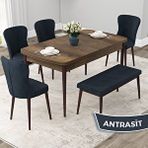 Canisa Due Serisi 80x132 Açılabilir Barok Ahşap Desen Mutfak Masası Takımı ve 4 Antrasit Sandalye ve Antrasit 1 Bench