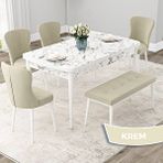 Canisa Due Serisi 80x132 Açılabilir Beyaz Mermer Desen Mutfak Masası Takımı ve 4 Krem Sandalye ve Krem 1 Bench