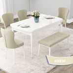 Canisa Due Serisi 80x132 Açılabilir Beyaz Mutfak Masası Takımı ve 4 Krem Sandalye ve Krem 1 Bench
