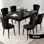 Canisa Due Serisi 80x132 Açılabilir Siyah Mermer Desen Mutfak Masası Takımı ve 6 Adet Siyah Sandalye