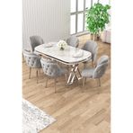 Canisa Ela Serisi Beyaz Mermer Desen Masa Takımı, Krom Ayak, 6 Gri Sandalye, 90 x 168 cm