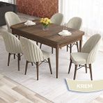 Canisa Elf Serisi 80x132 Açılabilir Barok Ahşap Desen Masa Takımı ve 6 Adet Krem Sandalye