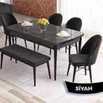 Canisa Elf Serisi 80x132 Açılabilir Siyah Mermer Desen Masa Takımı 4 Siyah Sandalye ve Siyah 1 Bench