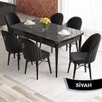 Canisa Elf Serisi 80x132 Açılabilir Siyah Mermer Desen Masa Takımı ve 6 Adet Siyah Sandalye