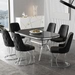 Canisa Epal Serisi 90 x 168 cm Lak Panel Siyah Mermer Desen Masa Takımı Krom Ayaklı 6 Sandalye