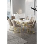 Canisa Epal Serisi 90x168 cm Beyaz Mermer Desen Masa Takımı, Gold Ayaklı, 6 Cappucino Sandalye