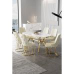 Canisa Epal Serisi 90x168 cm Beyaz Mermer Desen Masa Takımı, Gold Ayaklı, 6 Krem Sandalye