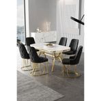 Canisa Epal Serisi 90x168 cm Beyaz Mermer Desen Masa Takımı, Gold Ayaklı, 6 Siyah Sandalye