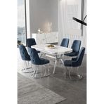 Canisa Epal Serisi 90x168 cm Beyaz Mermer Desen Masa Takımı, Krom Ayaklı, 6 Antrasit Sandalye