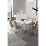 Canisa Epal Serisi 90x168 cm Beyaz Mermer Desen Masa Takımı, Krom Ayaklı, 6 Cappucino Sandalye