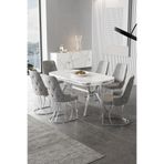 Canisa Epal Serisi 90x168 cm Beyaz Mermer Desen Masa Takımı, Krom Ayaklı, 6 Gri Sandalye
