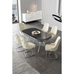 Canisa Epal Serisi 90x168 cm Siyah Mermer Desen Masa, 6 Krem Sandalyeli Mutfak Masası Takımı