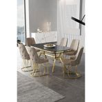 Canisa Epal Serisi 90x168 cm Siyah Mermer Desen Masa Takımı, Gold Ayaklı, 6 Cappucino Sandalye