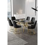 Canisa Epal Serisi 90x168 cm Siyah Mermer Desen Masa Takımı, Gold Ayaklı, 6 Siyah Sandalye