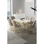 Canisa Epal Serisi 90x168 Lak Panel Beyaz Mermer Desen Masa Takımı Gold Ayaklı 6 Cappucino Sandalye
