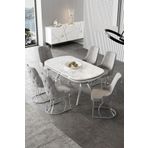 Canisa Epal Serisi 90x168 Lak Panel Beyaz Mermer Desen Masa Takımı Krom Ayaklı 6 Gri Sandalye