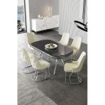 Canisa Epal Serisi 90X168 Lak Panel Siyah Mermer Desen Krom Ayaklı Masa Takımı Ve 6 Krem Sandalye