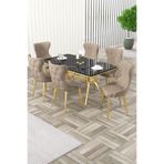 Canisa Esla Serisi 90x160 cm Lak Panel Sonata Masa, Gold Ayaklı, 6 Cappucino Sandalye Takımı