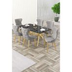 Canisa Esla Serisi 90x160 cm Lak Panel Sonata Masa, Gold Kaplama Ayaklı, 6 Gri Sandalyeli Yemek Odası Takımı