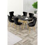 Canisa Esla Serisi 90x160 cm Siyah Mermer Masa Takımı, Gold Detaylı Ayaklı, 6 Siyah Sandalye