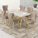 Canisa Esla Serisi 90X160 Lak Panel Beyaz Mermer Desen Gold Kaplama Ayaklı Masa Takımı ve 6 Sandalye - Cappucino