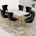 Canisa Esla Serisi 90X160 Lak Panel Beyaz Mermer Desen Gold Kaplama Ayaklı Masa Takımı ve 6 Sandalye - Siyah