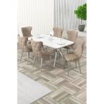Canisa Esla Serisi 90X160 Lak Panel Beyaz Mermer Desen Krom Ayaklı Masa Takımı Ve 6 Cappucino Sandalye