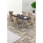 Canisa Esla Serisi 90x160 Lak Panel Sonata Masa, Krom Ayaklı, 6 Cappucino Sandalye, Siyah
