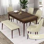 Canisa Eta Serisi 80x132 Açılabilir Mdf Barok Ahşap Desen Masa Takımı 4 Krem Sandalye ve Krem 1 Bench