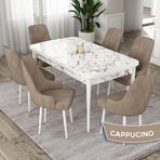 Canisa Eta Serisi 80x132 Açılabilir Mdf Beyaz Mermer Desen Masa Takımı ve 6 Adet Cappucino Sandalye