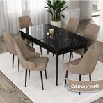 Canisa Eta Serisi 80x132 Açılabilir Mdf Siyah Mermer Desen Masa Takımı ve 6 Adet Cappucino Sandalye