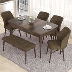 Canisa Eva Serisi 80x132 Açılabilir MDF Barok Ahşap Desen Mutfak Masası ve Kahverengi 4 Sandalye 1 Bench