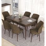 Canisa Eva Serisi 80x132 Açılabilir MDF Barok Ahşap Desen Mutfak Masası ve Kahverengi 6 Sandalye