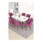 Canisa Eva Serisi 80x132 Açılabilir MDF Beyaz Ceviz Ayak Mutfak Masası ve Mor 6 Sandalye