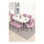 Canisa Eva Serisi 80x132 Açılabilir MDF Beyaz Ceviz Ayak Mutfak Masası ve Pembe 4 Sandalye 1 Bench