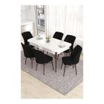 Canisa Eva Serisi 80x132 Açılabilir MDF Beyaz Ceviz Ayak Mutfak Masası ve Siyah 6 Sandalye