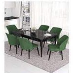 Canisa Eva Serisi 80x132 Açılabilir MDF Siyah Mermer Desen Mutfak Masası ve Su Yeşili 6 Sandalye
